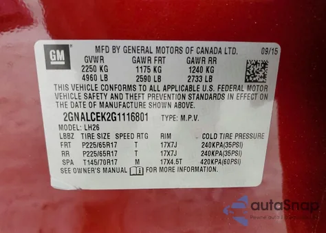 2016 Chevrolet Equinox Lt from USA, damaged, VIN 2GNALCEK2G1116801